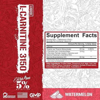 5% Nutrition Rich Piana Liquid L-Carnitine 3150 | Premium 4 Source Blend + GBB, The Super Carnitine (Watermelon Candy)