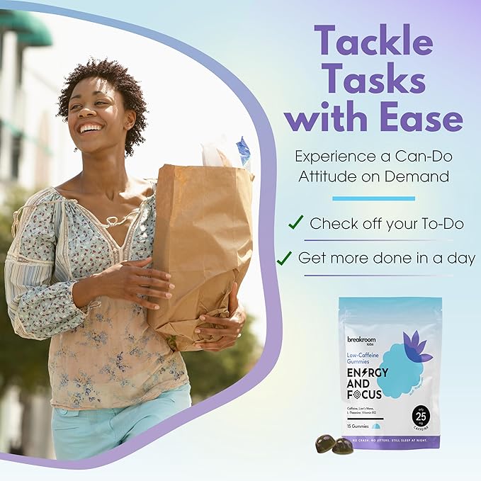 Energy and Focus Gummies - L-Theanine Caffeine, Lions Mane, Vitamin B12 - Low Sugar, Vegan Energy Chews + Brain Supplements for Memory and Focus - Blue Raspberry Flavor, 15 Servings