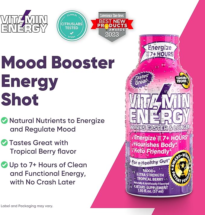 Mood Support Vitamin Energy Drink - Sugar Free, Keto/Vegan Friendly Shots | Mood Balancing with Rhodiola and Chamomile | Energize up to 7+ Hours | Tropical Berry - 1.93 Fl Oz - Pack Of 24