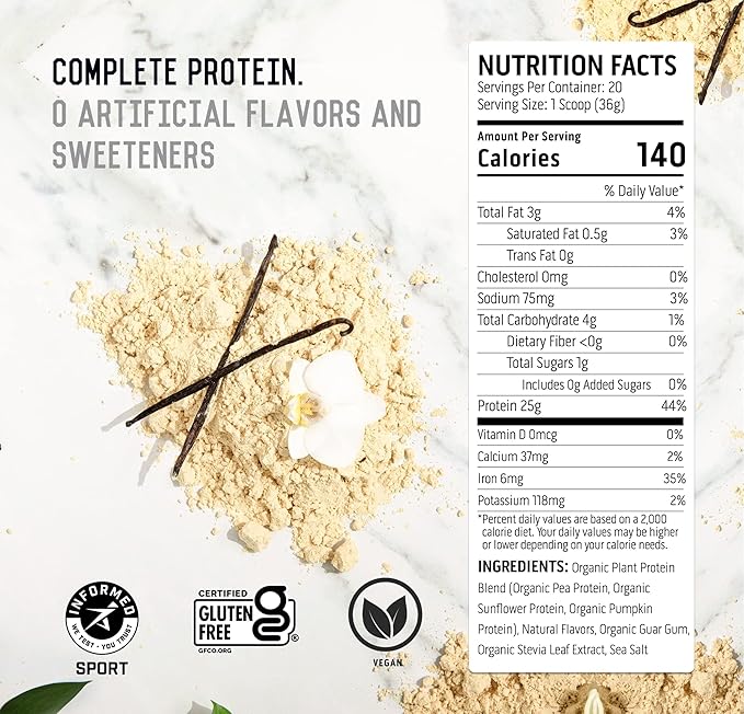 Ascent Plant Based Protein Powder - Non Dairy Vegan Protein, Zero Artificial Ingredients, Soy & Gluten Free, No Added Sugar, 4g BCAA, 2g Leucine - Vanilla, 20 Servings