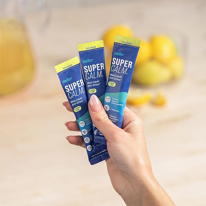Nello Supercalm Drink Mix - Ashwagandha KSM 66, Magnesium Glycinate & L-Theanine Supplement, Vitamin D3 - Ashwagandha Root Extract - Focus and Relaxation Support (20 Travel Packets) - Lemon Lime