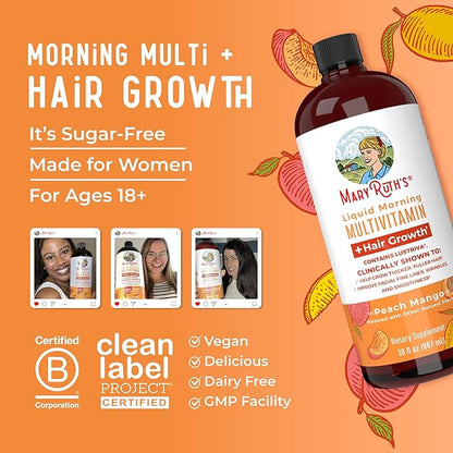 MaryRuth's Liquid Multivitamin + Lustriva® Hair Growth for Women| Biotin 10000mcg | Vitamin D | B Vitamins | Clinically Tested for Thicker Hair, Wrinkles, Fine Lines, Skin Care | Ages 18+ | 30 Fl Oz