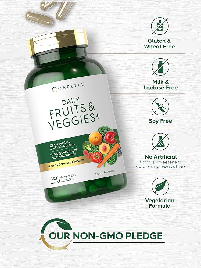 Carlyle Fruits and Veggies Supplement | 250 Capsules | Made with 30 Fruits and Vegetables | Vegetarian, Non-GMO, Gluten Free Superfood Formula