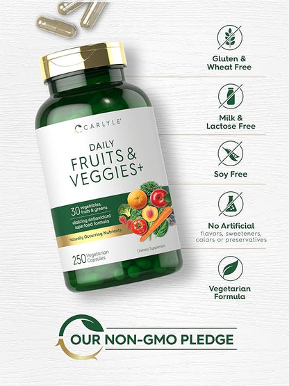 Carlyle Fruits and Veggies Supplement | 250 Capsules | Made with 30 Fruits and Vegetables | Vegetarian, Non-GMO, Gluten Free Superfood Formula