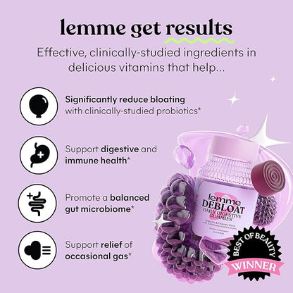 Lemme Debloat - Digestive & Gut Health Gummies with 2 Clinically Studied Probiotics & Prebiotic, 3 Billion CFUs - Vegan, Gluten Free, Non GMO, BlackBerry Flavor (60 Count) (Pack of 2)