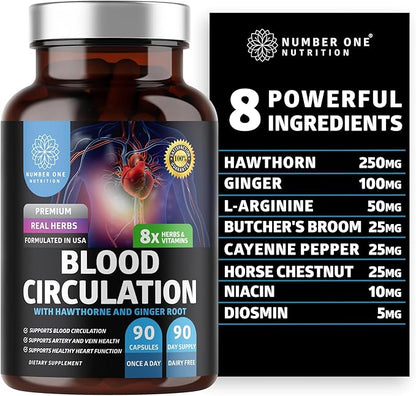 Number One Nutrition Premium Blood Circulation Supplement for Women and Men [8 Powerful Herbs & Vitamins] All Natural Blood Flow Supplement with Hawthorn, Butchers Broom and Cayenne Pepper, 90 Caps