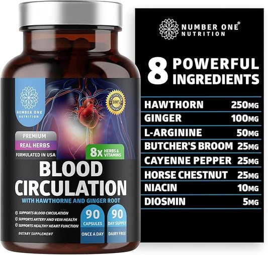 Number One Nutrition Premium Blood Circulation Supplement for Women and Men [8 Powerful Herbs & Vitamins] All Natural Blood Flow Supplement with Hawthorn, Butchers Broom and Cayenne Pepper, 90 Caps