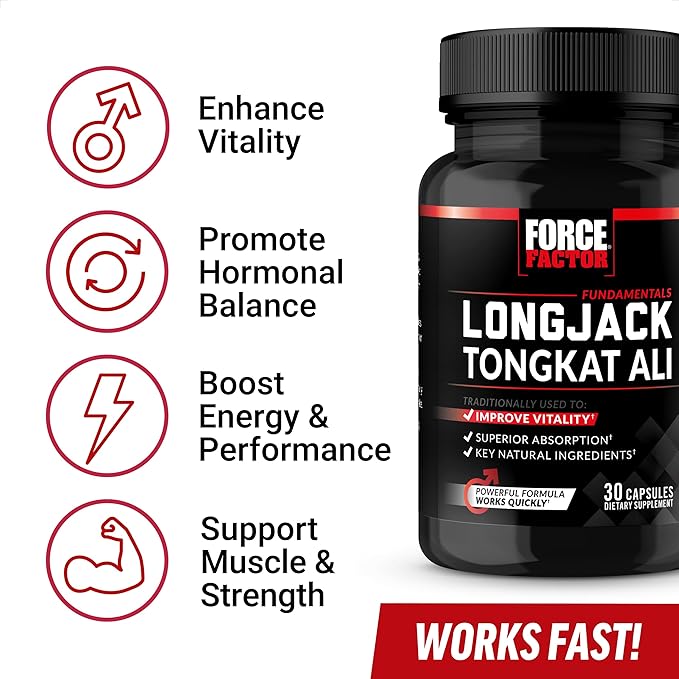 FORCE FACTOR Longjack Tongkat Ali 500mg for Men’s Hormones, Promote Male Energy, Vitality & Drive, Support Muscle & Strength, Longjack Capsules with BioPerine Black Pepper Extract, 30 Capsules