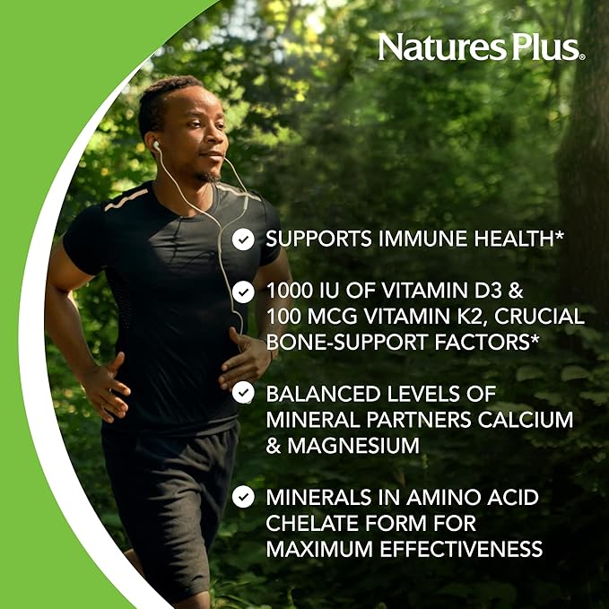 NaturesPlus Cal/Mag/VIT D3 with Vitamin K2- 180 Tablets - Bone Health Supplement with Calcium, Magnesium, Vitamin D3 and K2 - Gluten-Free - 45 Servings