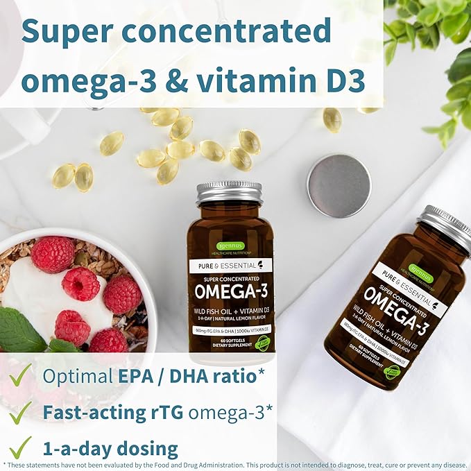 Advanced Omega-3 Wild Fish Oil & Vitamin D3 1000iu, 1-a-Day, Triglyceride Form EPA & DHA Fatty Acids, Fast-Acting rTG, Ultra Pure & Non-GMO, 60 Softgels, by Igennus