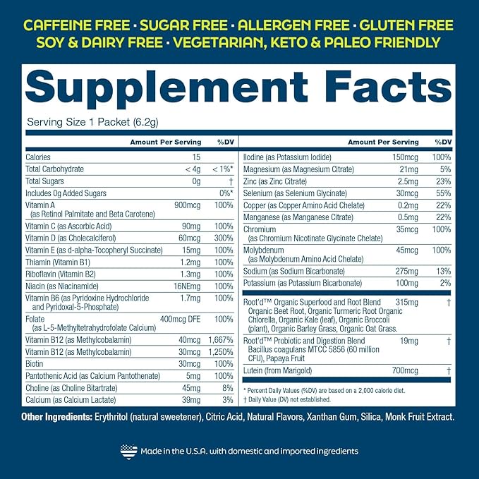 Root'd Multivitamin Powder with 3X Electrolytes for Men - 24 Vitamins & Minerals, 3X Electrolytes, 9 Organic Superfoods, Probiotics & Enzymes, Sugar-Free Multivitamin & Hydration | 24 Packets