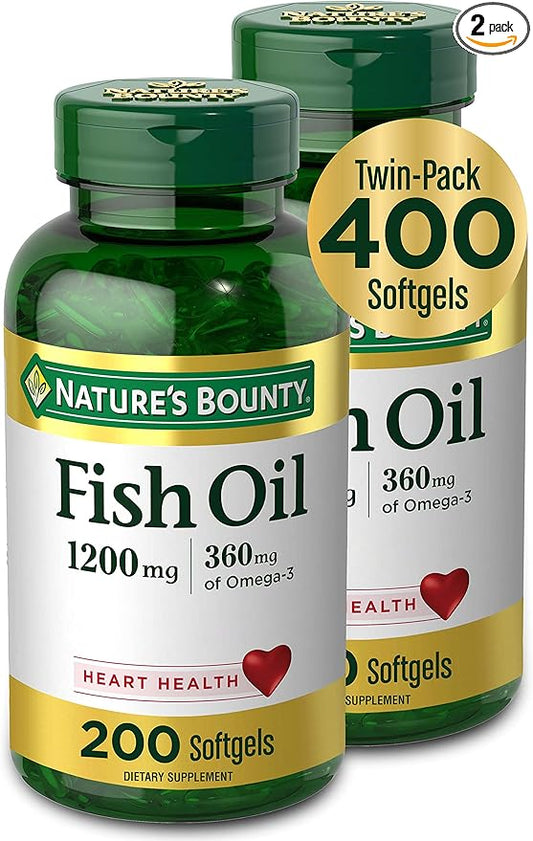 Nature's Bounty Fish Oil, Dietary Supplement with 360mg Omega-3, Supports Heart Health, 1200mg, 200 Softgels (Pack of 2)