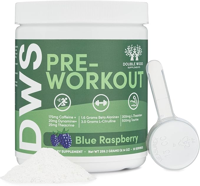 Pre Workout Powder for Men & Women (30 Servings of Caffeine, Beta Alanine, L-Citrulline, Dynamine, L-Theanine, Taurine, Theacrine, & More) Preworkout Powder with Scoop by Double Wood (Blue Raspberry)