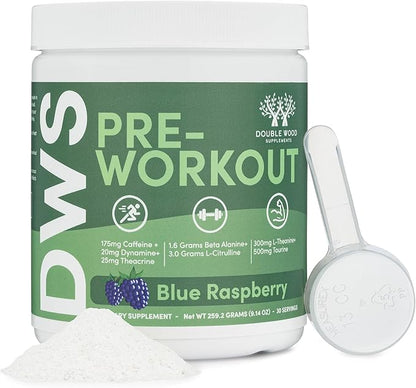 Pre Workout Powder for Men & Women (30 Servings of Caffeine, Beta Alanine, L-Citrulline, Dynamine, L-Theanine, Taurine, Theacrine, & More) Preworkout Powder with Scoop by Double Wood (Blue Raspberry)