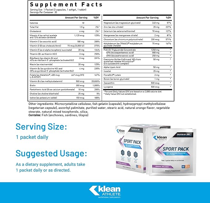 Klean ATHLETE Klean Sport Pack - Contains Magnesium Glycinate, Vitamin D & Omega-3 - Supports Muscle, Joint & Immune Health - NSF Certified - Daily Nutritional Supplement for Athletes - 30 Packets