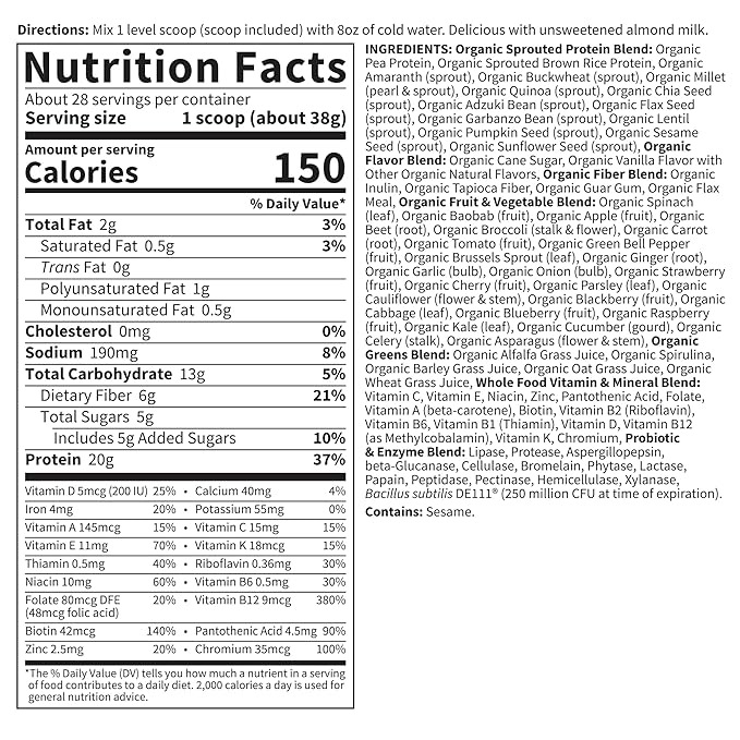 Garden of Life Meal Replacement Shakes, Vegan Protein Powder, Raw Organic Protein Powder, Lightly Sweet Protein Powder with Plant Based Pea Protein, Sprouts, Greens, Probiotics, Dairy Free 28 Servings