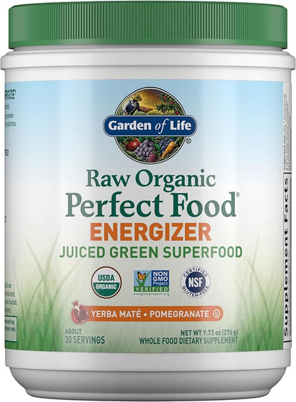 Garden of Life Raw Organic Perfect Food Energizer Juiced Green Superfood Powder - Yerba Mate Pomegranate, & Probiotics, Gluten Free Whole Food Greens Supplements, 30 Servings, 9.73 Oz