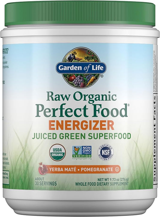 Garden of Life Raw Organic Perfect Food Energizer Juiced Green Superfood Powder - Yerba Mate Pomegranate, & Probiotics, Gluten Free Whole Food Greens Supplements, 30 Servings, 9.73 Oz