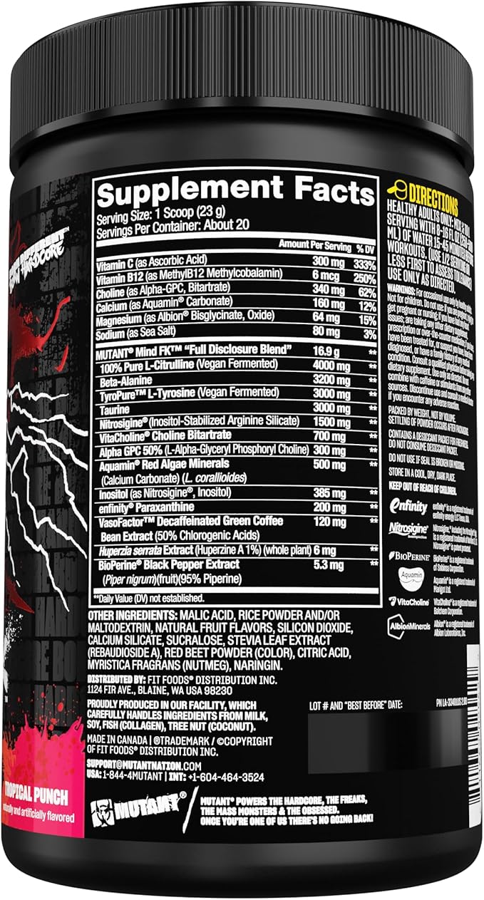 Mutant Mind FK - Epic Nootropic Pre-Workout - Brain Supplement for Mental Focus - 20 Serve - Tropical Punch - 460g