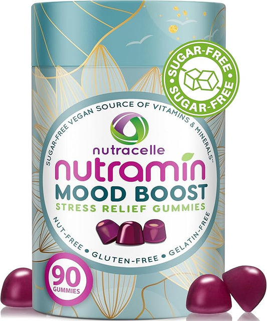 NUTRAMIN Mood Boost Multivitamin Gummy - Delicious & Yummy Anti-Stress Magnesium Ashwagandha Gummies + B Complex Vitamins for Focus and Calm - Sugar-Free, Vegan, Gluten-Free, Allergy-Safe (90 Count)