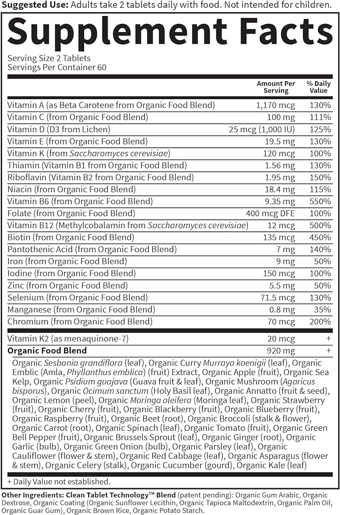 Garden of Life Organics Multivitamin for Women, Womens Multi with Vitamin C, D, Folate, B6, B12, Biotin, Iron, Vegan Whole Food Vitamins for Women, Energy, Skin, Nails, 120 Tablets