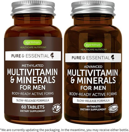 Methylated Men's Multivitamin, MTHFR Supplement with Active B-Vitamins, High Strength 2 a Day Multivitamin for Sustained Release, Added Lycopene, Clean Label, Non-GMO & Vegan 60 Tablets, by Igennus