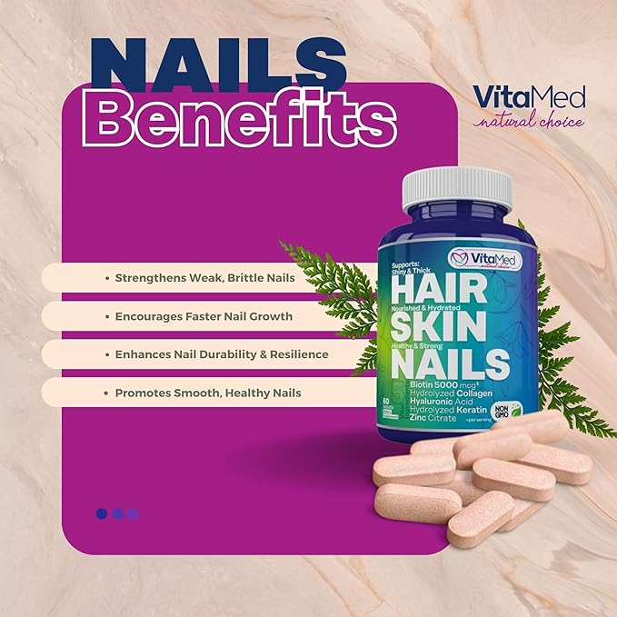 Hair Skin and Nails Vitamins - Collagen Pills for Hair Growth, Biotin 5000mcg to Strengthen Nails and Glowing Skin, Hyaluronic Acid, Vitamin C, E, B6, Keratin Hair Treatment (60)
