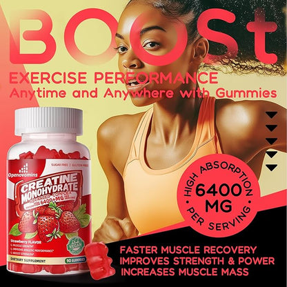 Creatine Monohydrate Gummies Complex 6400mg for Men & Women -Advanced Formula W/L-Taurine + Vitamin B12, Sugar Free Chewable Supplement,180 Strawberry Gummies 2pack