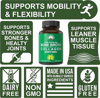 Bone Broth Collagen Capsules. 180 Pills of Grass Fed Bone Broth Collagen Protein Peptides. Contains All 3 Collagen Types 1, 2, and 3. Pure Pasture Raised Paleo Friendly Tablets for Women and Men