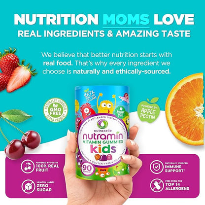 Nutracelle NUTRAMIN Sugar-Free, Allergen-Free 100% Vegan Gummy Multivitamins for Kids - Great Tasting Natural Gummies Your Kids Will Love - 90 Count Bottle