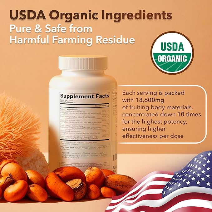 USDA Organic Lions Mane Supplement Capsules with Ashwagandha, Chaga, Reishi, Cordyceps, Turkey Tail (18,600mg/serv) 10x Adaptogenic Mushroom Complex as Focus Supplement - Energy, Immunity & Nootropic