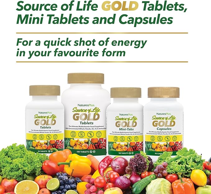 Natures Plus Source of Life Gold Multivitamin - 90 Vegetarian Capsules - with Vitamins D3, B12, K2 & More Than 120 Whole Foods - Blood, Bone & Immune Support - Gluten Free - 30 Servings