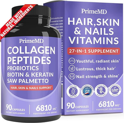 27-in-1 Hair Skin and Nails Vitamins (6810mg) w/Biotin 10000mcg - Biotin and Collagen Supplements for Men and Women - Hair Growth Vitamins, Keratin Supplements with Probiotics and Saw Palmetto, 90ct