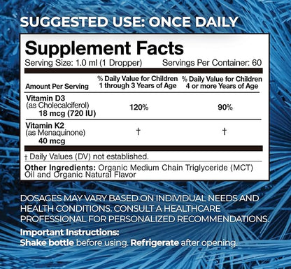 USDA Organic Vitamin D3 K2 Liquid Drops | Vitamin D3 K2 Supplement for Kids & Toddlers Ages 1+ | Kids Supplement for Calcium Absorption Strong Bones | Vegan, Non-GMO | 2 Fl Oz