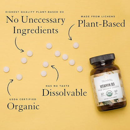 Truvani Organic Vitamin D3 - Plant-Based, USDA Organic, Gluten-Free, Non-GMO, Vegan D3 Supplement - Supports Bone, Immune & Brain Health - 30 Tablets