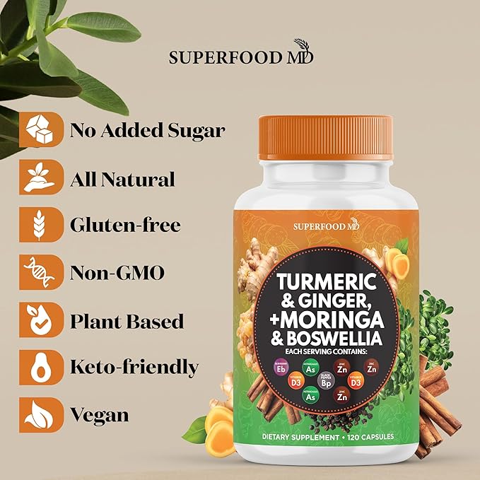 Turmeric Moringa Supplement | Ginger, Boswellia, Saffron, Holy Basil- Joint Support Supplement for Women and Men with Ceylon Cinnamon, Quercetin, Tart Cherry- 240 Count