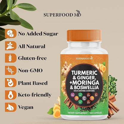 Turmeric Moringa Supplement | Ginger, Boswellia, Saffron, Holy Basil- Joint Support Supplement for Women and Men with Ceylon Cinnamon, Quercetin, Tart Cherry- 240 Count