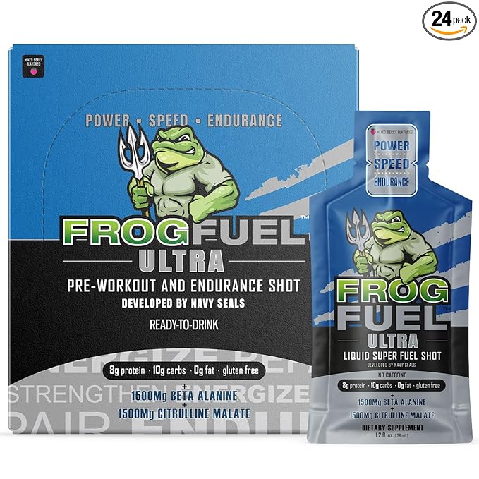 Frog Fuel Ultra Pre Workout Shot & Energy Gel with 1500mg Beta Alanine, Electrolytes 8g Protein Nano-Hydrolyzed Grass Fed Collagen, 10g Carbs, Gluten Free, Fat Free, Berry, 1.2 oz Packets, 24 Pack