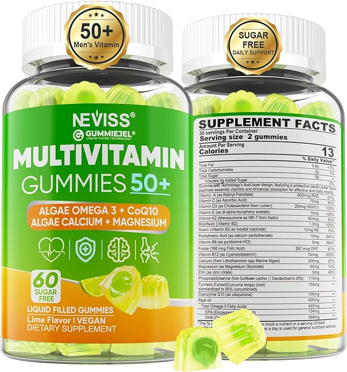 Multivitamin For Men 50 + Plus, Sugar Free Men Multivitamins Gummies w/Omega-3, Coq10, D3k2, Calcium, Magnesium, Zinc, Vitamins A, C & E, Mens Vitamins for 𝖧𝖾❤𝖱𝗍, Antioxidant, Brain, Bone, 60cts