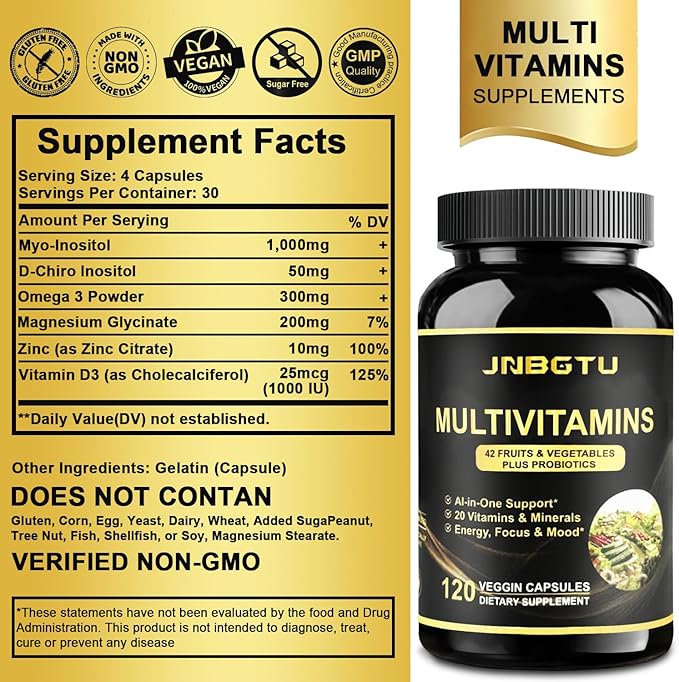 Myo-Inositol Supplement 1000mg, Magnesium Glycinate 200mg, D-Chiro Inositol 50mg, Omega-3 Powder 300mg, Zinc 10mg, Vitamin D3, Multivitamin/Multimineral Supplement. 120 Count