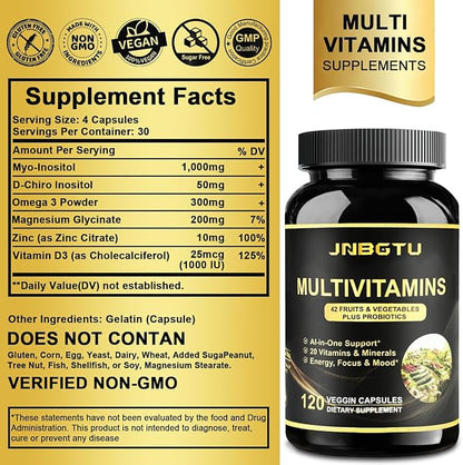 Myo-Inositol Supplement 1000mg, Magnesium Glycinate 200mg, D-Chiro Inositol 50mg, Omega-3 Powder 300mg, Zinc 10mg, Vitamin D3, Multivitamin/Multimineral Supplement. 120 Count