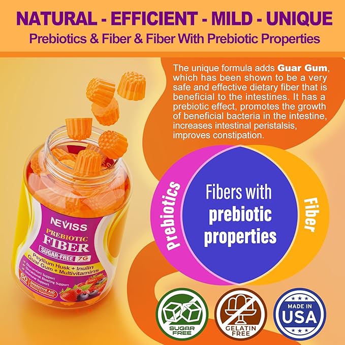 Prebiotic Fiber Gummies for Adults 7G with Psyllium Husk Fiber , Soluble Fiber + Insoluble Fiber, Inulin, Fos, Multivitamin Supplement for Daily Digestive Health, Regularity Gut, Sugar Free, Pack of 2