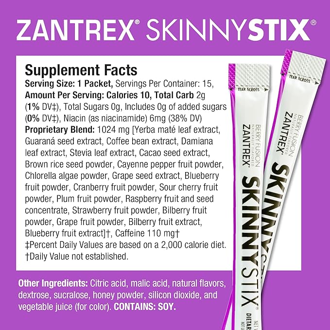 Zantrex SkinnyStix Energy Drink Mix + Antioxidants. Heightens Focus, and Offers Incredible Energy, Delicious 10-Calorie Packets – 15 Packets, Berry Fusion Flavor
