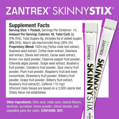 Zantrex SkinnyStix Energy Drink Mix + Antioxidants. Heightens Focus, and Offers Incredible Energy, Delicious 10-Calorie Packets – 15 Packets, Berry Fusion Flavor
