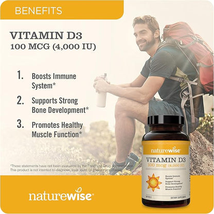 NatureWise Vitamin D3 4000iu (50 mcg) 90-Day Supply for Immune Support, Healthy Muscle Function, and Bone Health - Non-GMO, Gluten Free in Organic Extra Virgin Olive Oil, (Mini Softgel), 90 Count