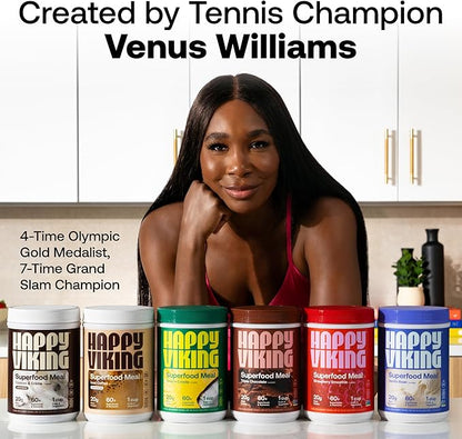 Happy Viking Strawberry Protein + Superfoods Powder, Created by Venus Williams, 20G Protein, Low Carb, Keto, Vegan, Gluten-Free, Non-GMO, Superfoods, Complete Meal Replacement, 1 Canister (24 oz.)