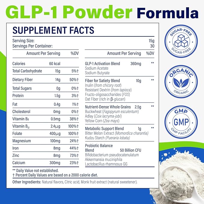 GLP-1 Supplement, GLP1 Supplements Women, GLP-1 Powder 1500MG with Akkermansia Muciniphila Probiotic & High Fiber, Naturally Support GLP-1 Support for Energy, Digestion, Gut, Overall Health, No Sugar