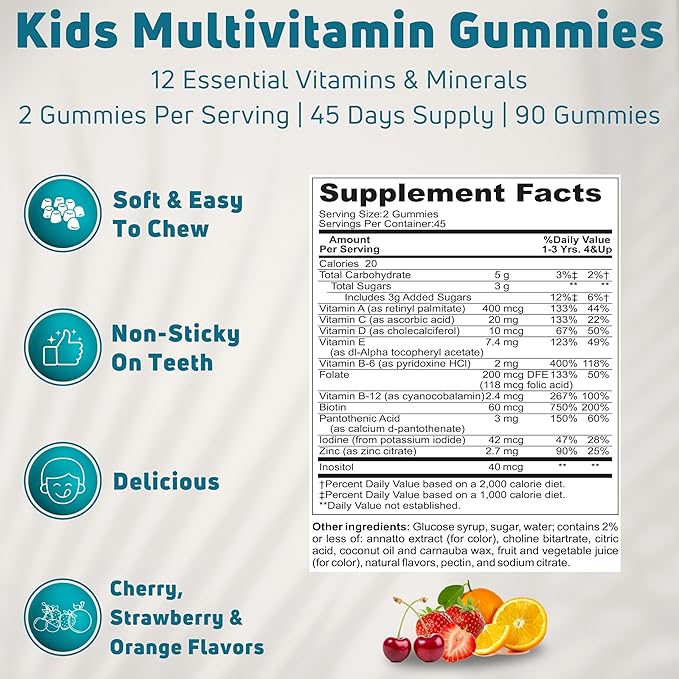 Gummy Vitamins for Kids 45 Day Supply - Vegetarian, Gluten Free, Gelatin Free, Multivitamin Gummies for Kids - Kids Gummy Vitamins to Support Immune System & Overall Wellness