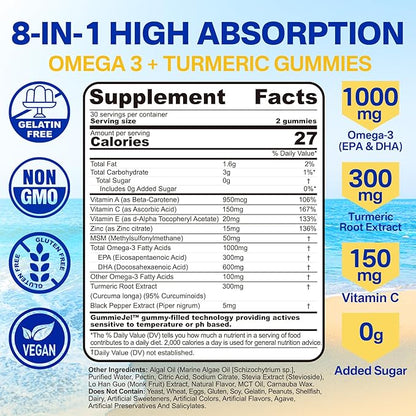 Vegan Omega-3 Gummies 1000mg + Turmeric - Omega 3 Fish Oil Alternative for Adults - Algae Omega DHA 600mg & EPA 300mg, Vitamins A, C, E, Zinc & MSM - Mobility, Immune, Eye & Brain, Sugar Free, 120 Cts