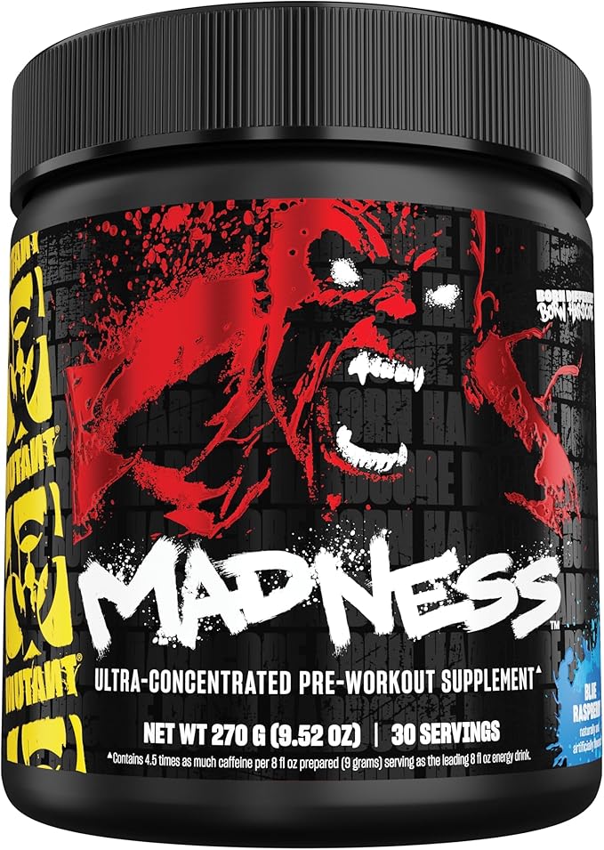 Mutant Madness | Pre Workout Powder Supplement Performance and Pump Blend Includes L-Citrulline, Beta-Alanine, Taurine, L-Tyrosine | 30 Serving | Blue Raspberry